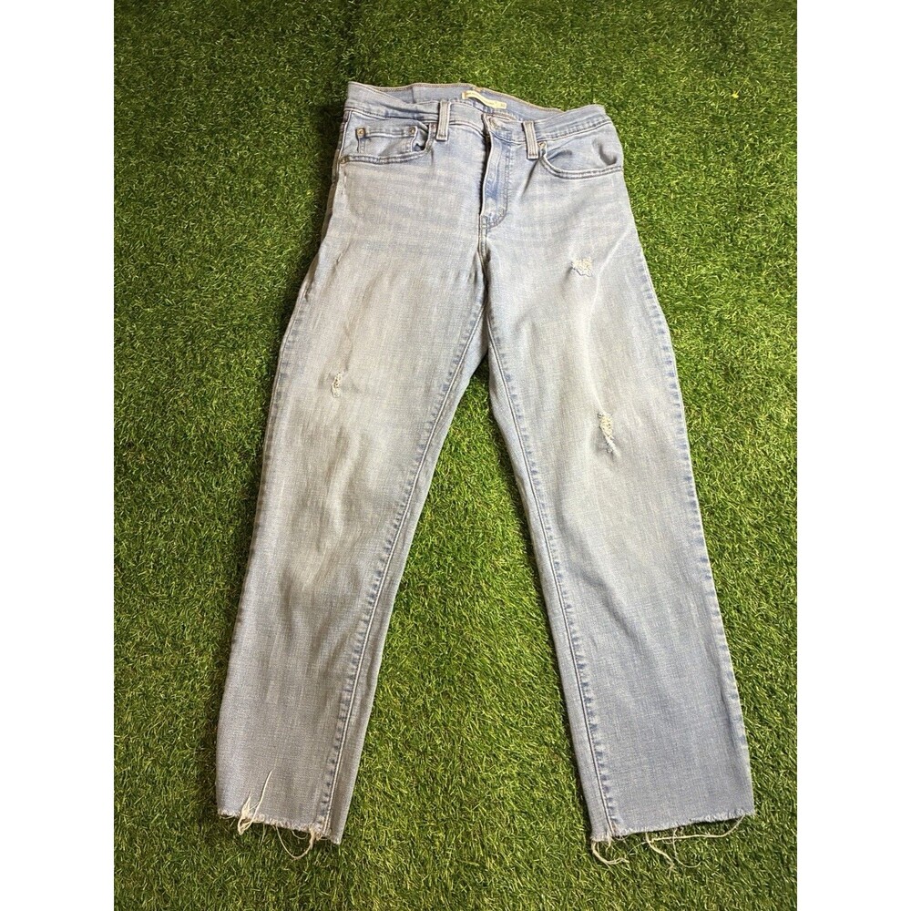 Levi’s 724 High Rise Straight Crop Jeans Women 30 Light Wash Distressed Raw Hem